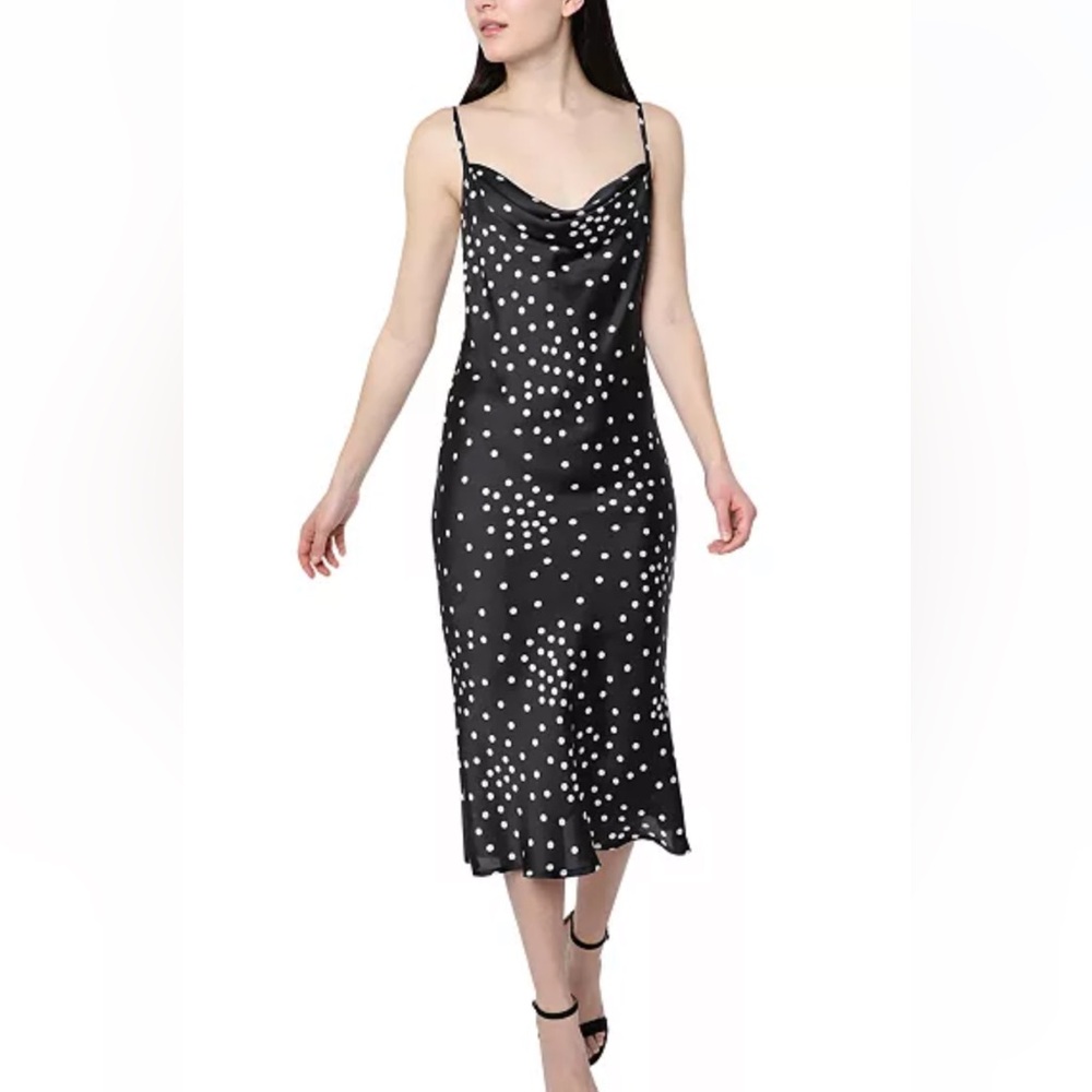 Bebe Black and White Polka Dot Satin Midi Sheath Dress